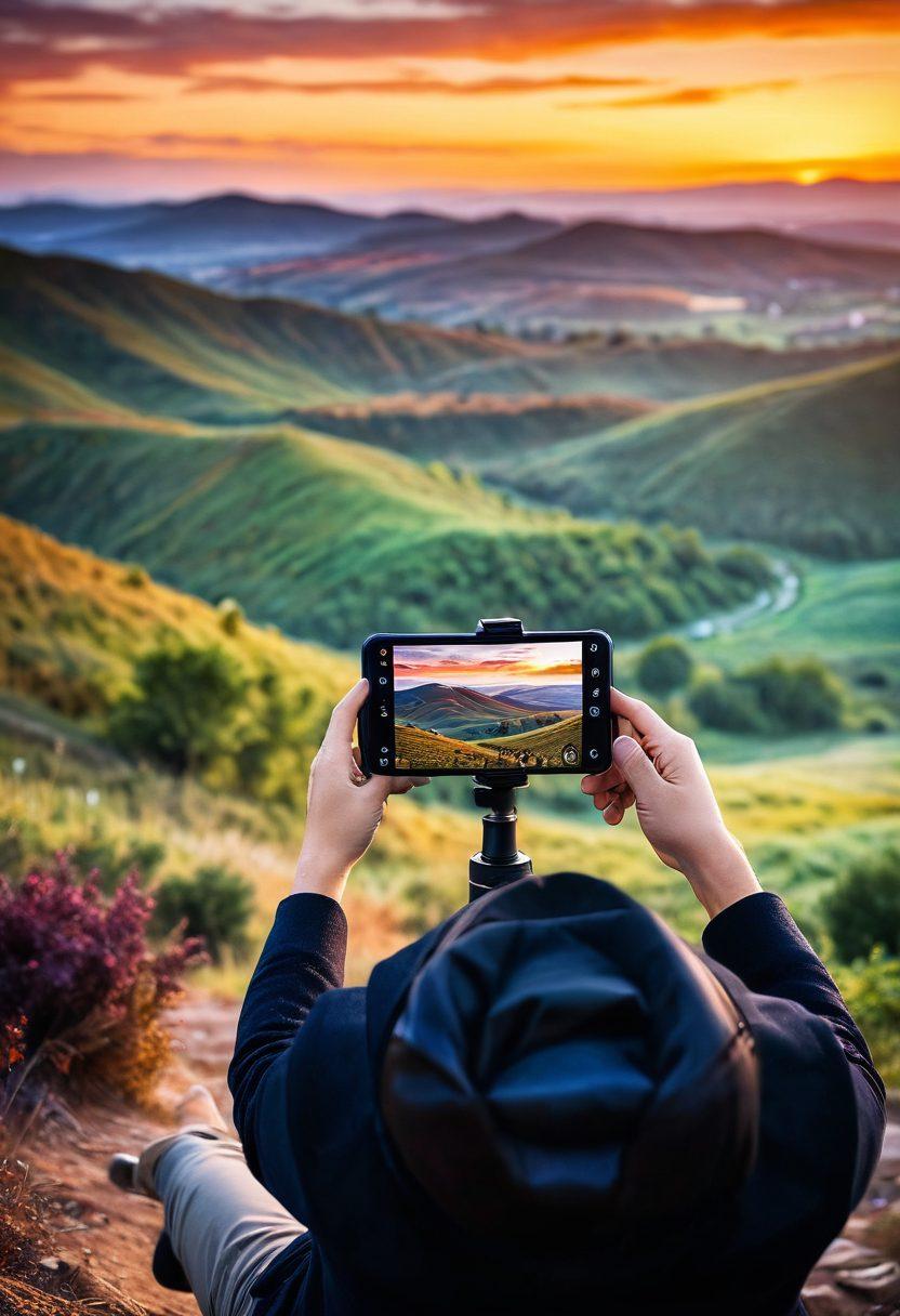 A stunning landscape captured through a high-end camera lens, showcasing brilliant colors and intricate details. In the foreground, a photographer adjusts their camera settings while a video recorder captures the vibrant scene in motion. The background features rolling hills and a dramatic sunset, representing the creative potential unlocked by amazing cameras. A soft bokeh effect enhances the depth and focus on the subjects. super-realistic. vibrant colors. dynamic composition.