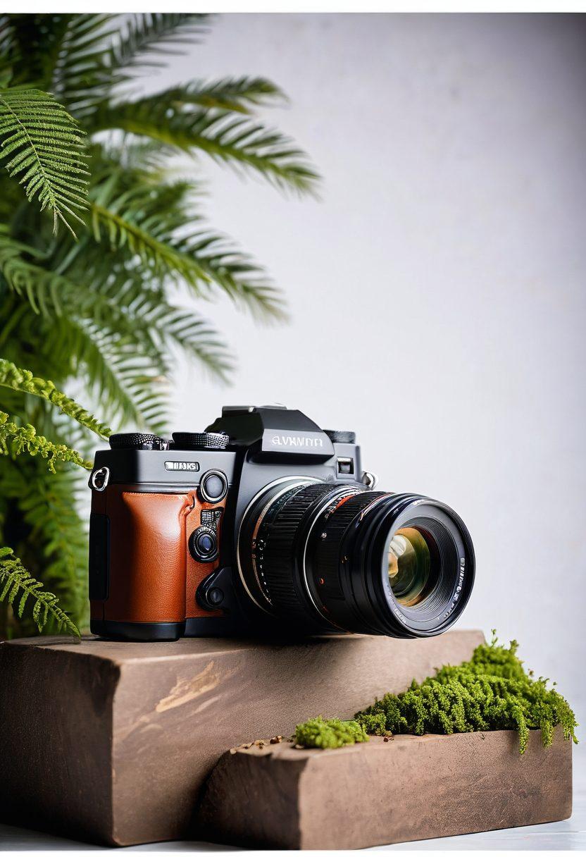 A comparison display featuring a DSLR on one side, gleaming with intricate mechanical details, and a sleek mirrorless camera on the other, showcasing its compact sophistication. Surround both cameras with vibrant color splashes representing different photography styles like landscape, portrait, and wildlife. Include elements like lens accessories and photography settings to enhance the ambiance. The background should subtly blend into a photography studio setup. super-realistic. vibrant colors. white background.