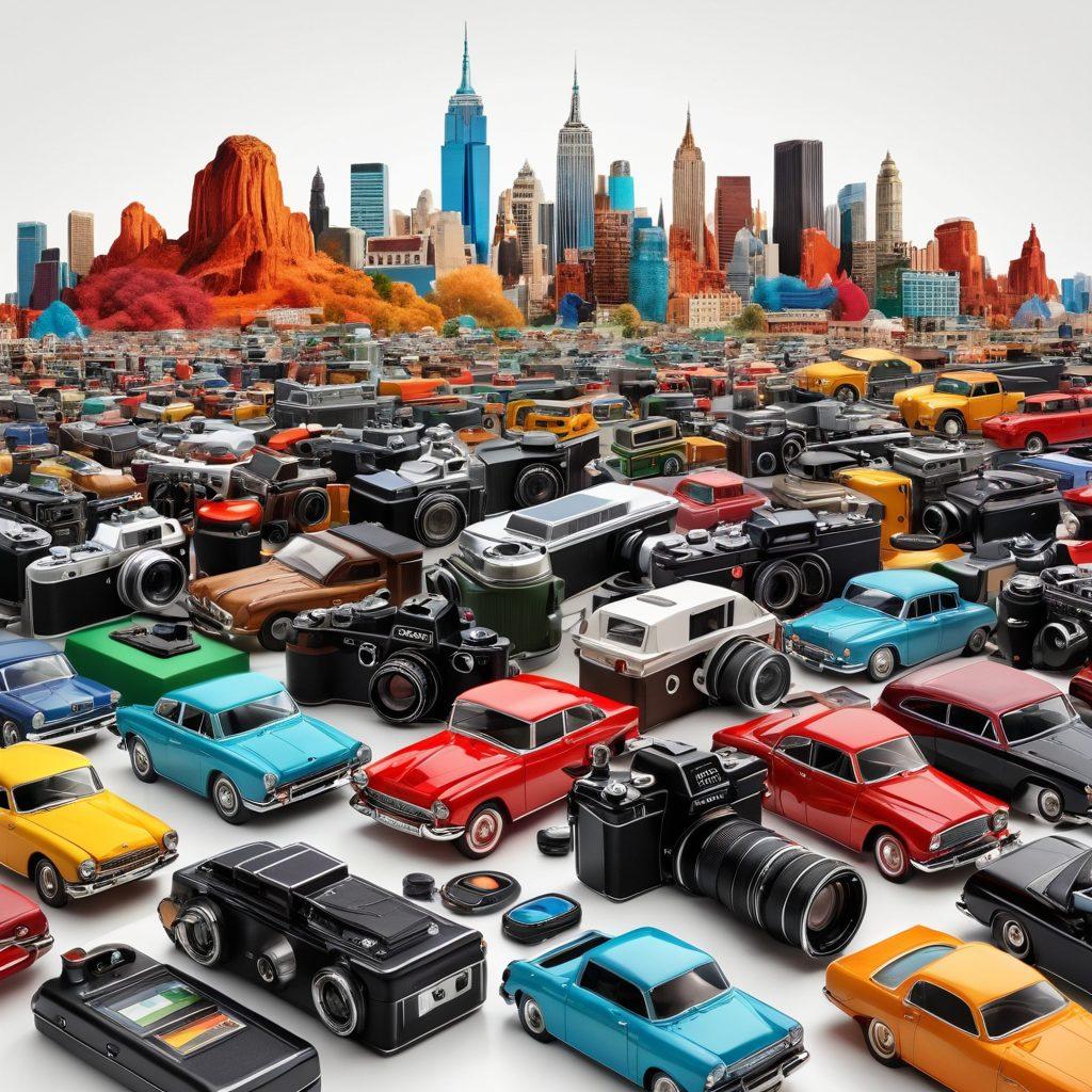 A vibrant collage showcasing the evolution of cameras from vintage models to sleek modern DSLRs and mirrorless designs, set against a dynamic backdrop of stunning landscapes and vibrant cityscapes. Include a burst of colors representing creativity, with elements like a painter's palette, a film reel, and digital editing tools blending seamlessly. The scene should evoke inspiration, capturing both photography and videography in action. 3D illustration. vibrant colors. white background.